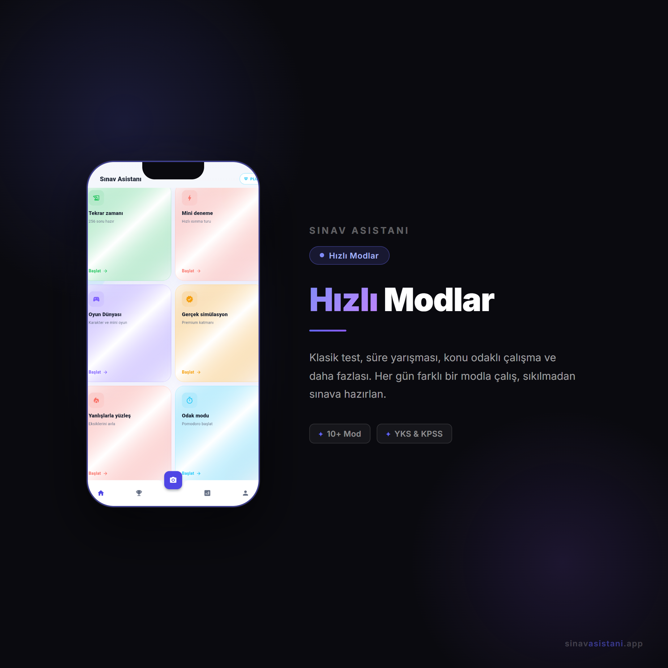 Hızlı modlar ekranı — kısa süreli konu testi