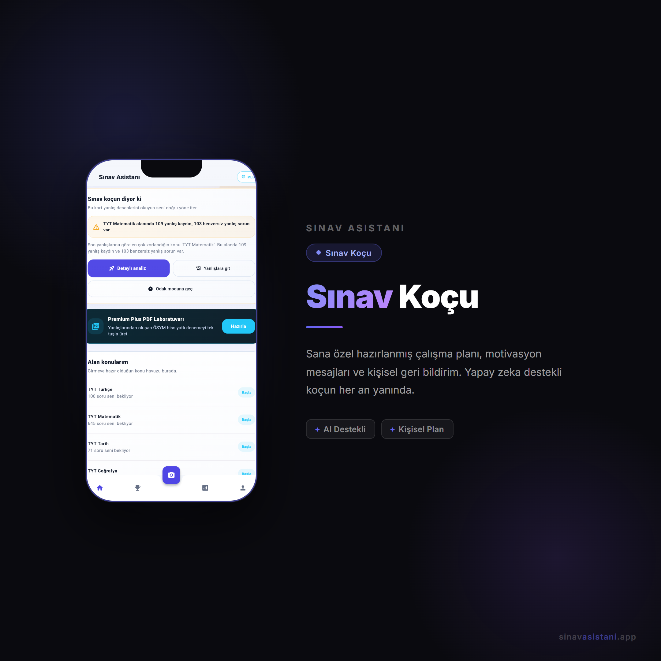 Sınav koçu ekranı — kişisel çalışma rehberi
