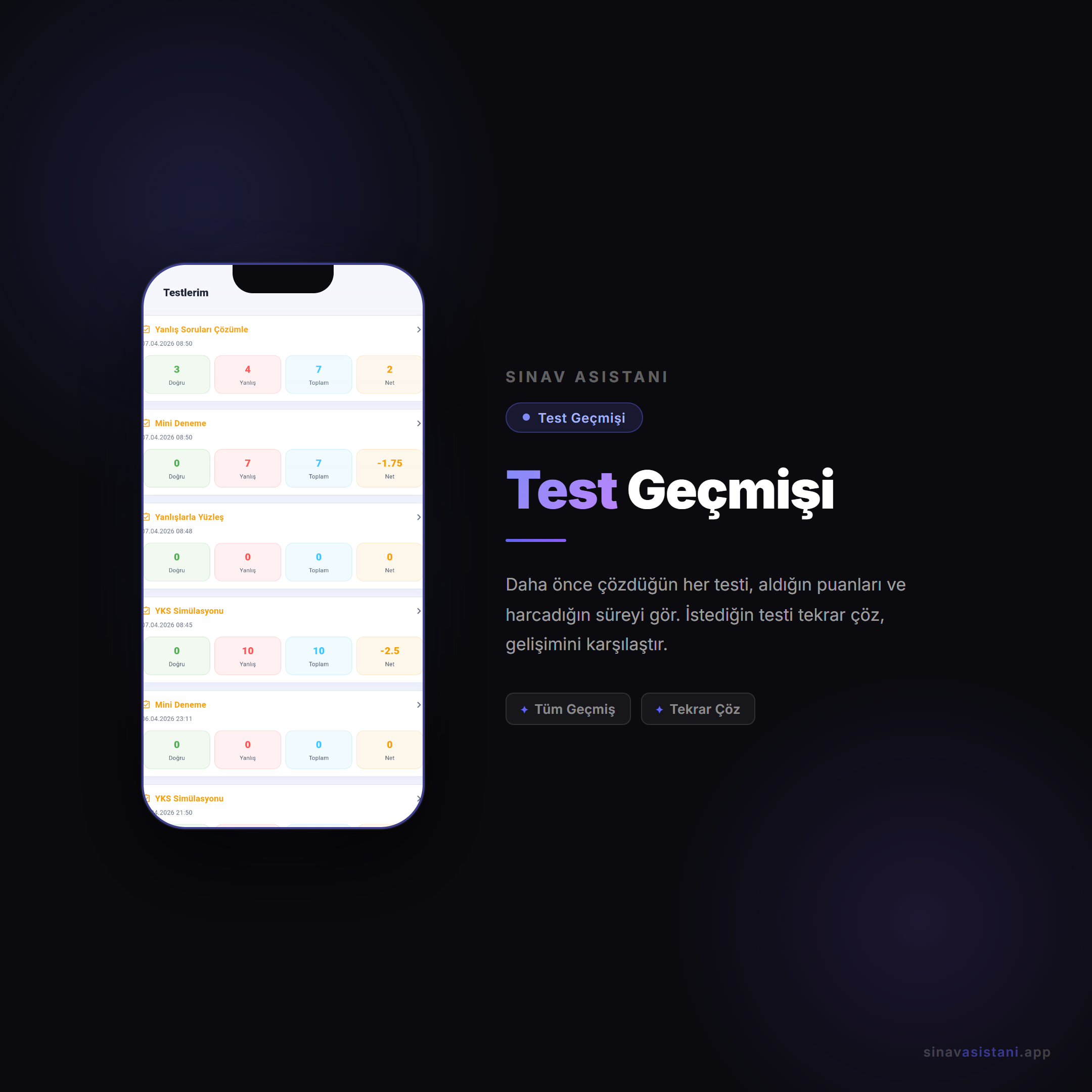 Test geçmişi ekranı — çözülen testlerin listesi