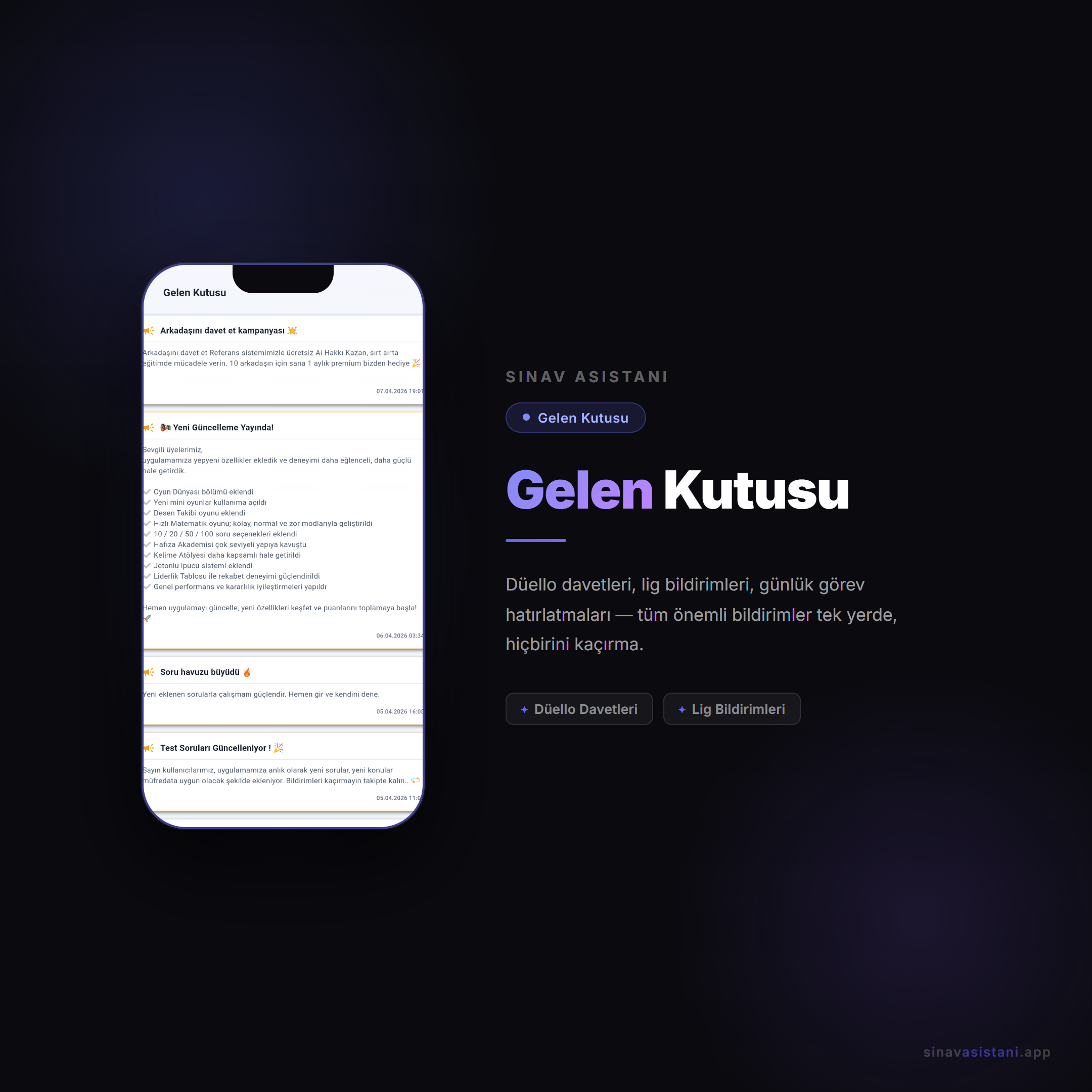 Gelen kutusu ekranı — bildirimler ve duyurular